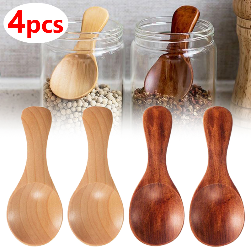 Ice Pick Pick - 4/2/1pcs มินิไม้ช้อนเครื่องเทศเครื่องปรุงอาหารช้อนกาแฟน้ําตาลช้อนชาเด็กสั้นไม้ Scoops บ้านบนโต๊ะอาหาร