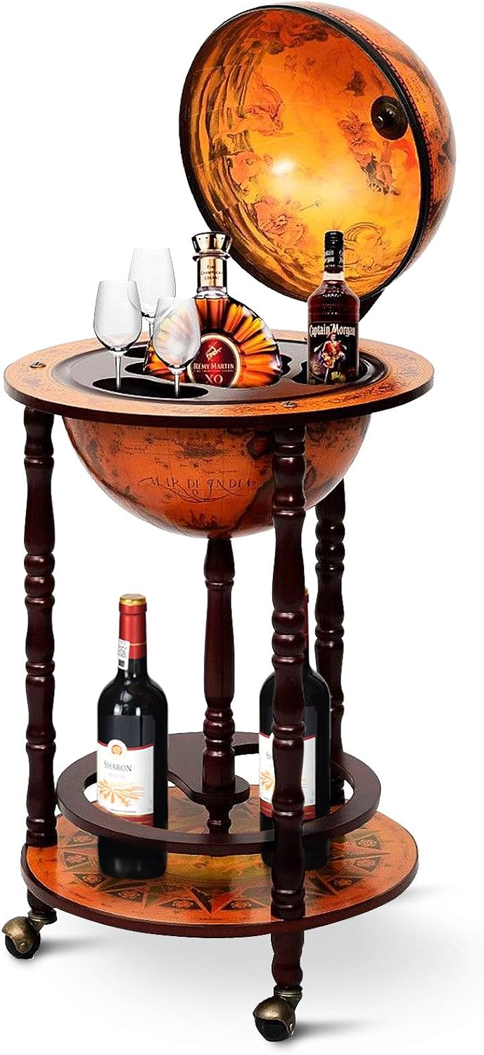 Home Bar And Cabinet - ตู้บาร์ทรงกลมพร้อมล้อเลื่อน ชั้นวางของด้านล่าง ลายแผนที่โลกสไตล์วินเทจ แบบจำลองอิตาลี เฟอร์นิเจอร์วางไวน์และเครื่องดื่มแอลกอฮอล์ สำหรับห้องรับประทานอาหาร