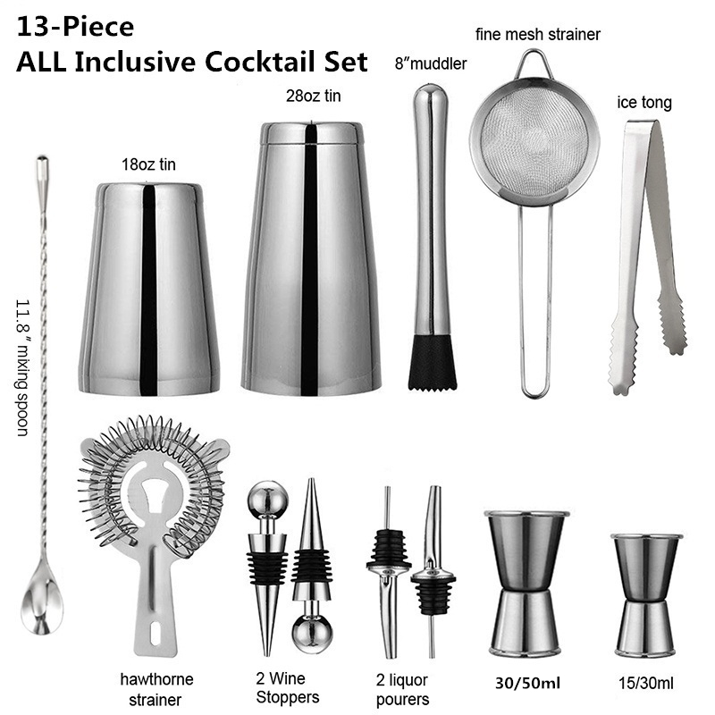 Boston Shaker Set - 13ชิ้น/เซ็ตสแตนเลสสตีลค๊อกเทล Shaker น้ำแข็ง Tong ผสมเครื่องดื่มบอสตันบาร์เทนเดอร์เบราว์เซอร์ชุดบาร์ชุดเครื่องมือบาร์