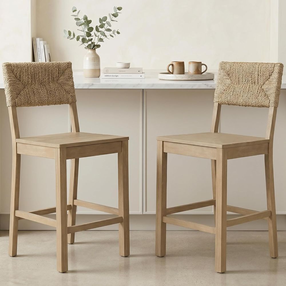 Home Bar Stools - ชุดเก้าอี้บาร์พนักพิงหญ้าทะเลธรรมชาติ 2 ตัว ตกแต่งด้วยไม้ผุพัง เหมาะสำหรับเกาะครัวหรือบาร์ในบ้าน