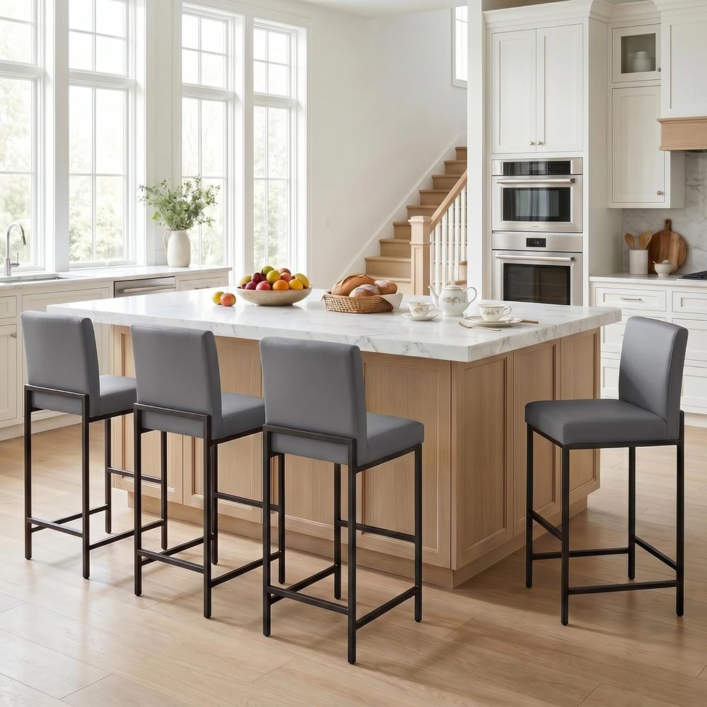 Home Bar Stools - ชุดเก้าอี้บาร์หุ้มหนังเทียมสีเทา 4 ตัว พร้อมขาโลหะ สำหรับเคาน์เตอร์ครัวและบาร์ในบ้าน